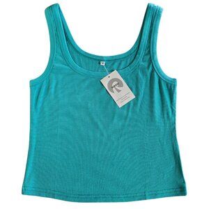 Teal Ribbed Sleeveless Fitted Tank Top - Medium